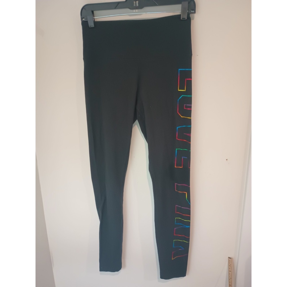 PINK Victoria's Secret Leggings Womens Medium Black Rainbow Foil Love Pink Logo